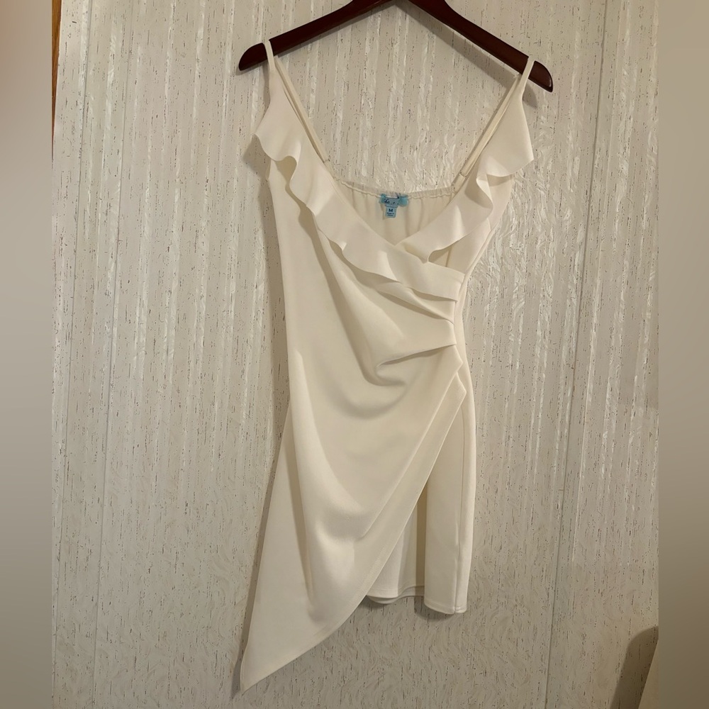 She + Sky Cream Asymmetrical Ruffle Dress